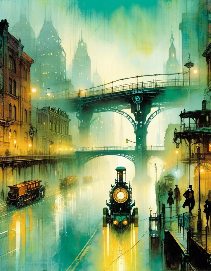 (steampunk:1.5), city street landscape, bridges, fog,  art inspired by Bill Sienkiewicz.