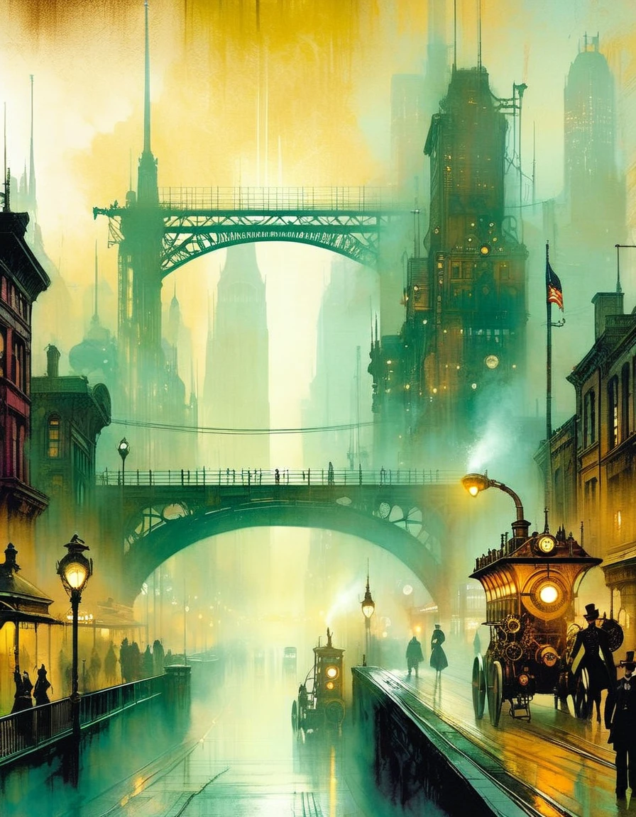 (steampunk:1.5), city street landscape, bridges, fog,  art inspired by Bill Sienkiewicz.