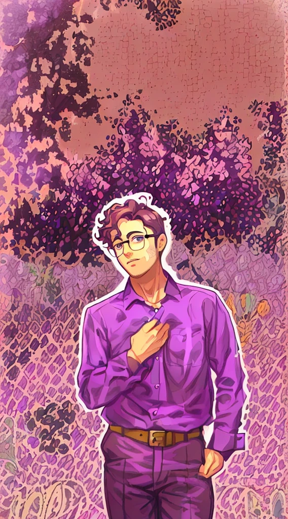 man, curly hair, glasses, purple shirt