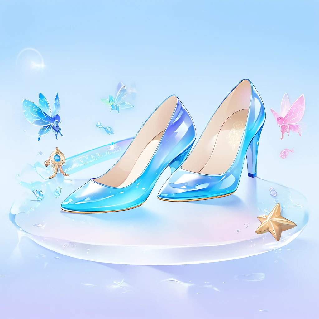 A pair of high heels,without humans,(Top resolution:1.5), (Top image quality:1.5), Close-up of a pair of shoes on a shiny surface, slightly holographic, fairy tale style background, made in adobe illustrator, Magical items, holograph, illustration!, Blue high heels, Transparent heels。The background is the seaside