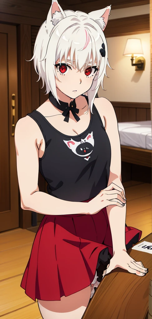 Best Quality, (Masterpiece:1.2), High Detailed, Cat Ears, 1girl, solo, tojo koneko, red eyes, white hair, short hair, hair decoration, black neckband, erotica, sleeveless, healthy skin, (indoors),(( cum, cum on face, after sex)) , cropped tank top, short skirt