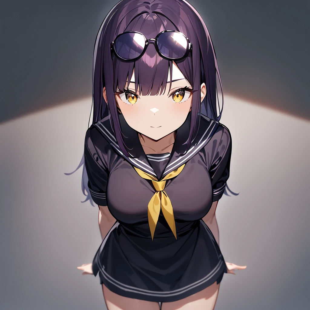 1girl,Solo,dark purple hair,yellow eyes,medium breasts,sailor,straight hair,pov,straight on,best quality, very aesthetic, absurdres,cowboy shot,eyewear