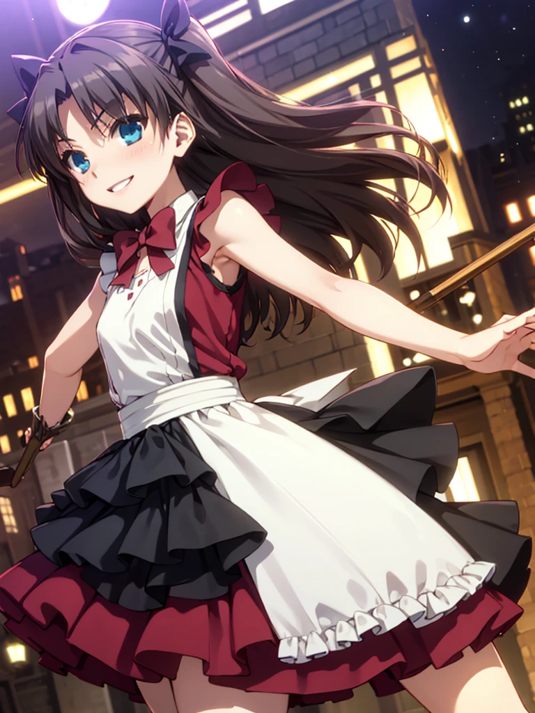 masterpiece, best quality, rin tohsaka, solo, long hair, black hair, two side up, aqua eyes, bow, hair bow, yo, (petite),
smile, standing, small breasts, maid, night, park,