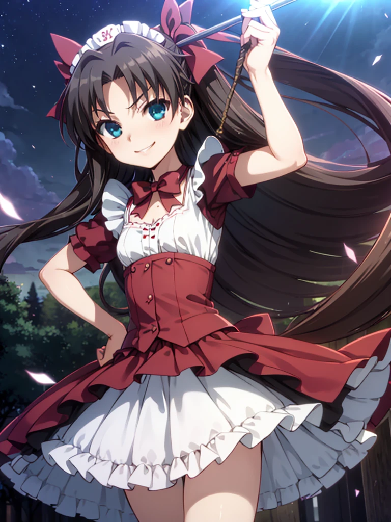 masterpiece, best quality, rin tohsaka, solo, long hair, black hair, two side up, aqua eyes, bow, hair bow, yo, (petite),
smile, standing, small breasts, maid, night, park,