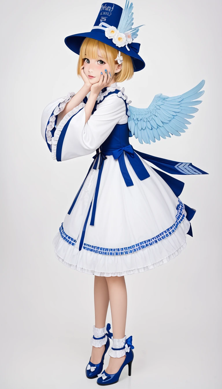 uekura, 1girl, blonde hair, white background, hat, dress, blue footwear, wings, simple background, signature, flower, nail polish, wide sleeves, long sleeves, blush, animal, white flower, solo, full body, bird, looking at viewer, high heels, hand on own cheek, hand on own face, frills, bow, bangs, ribbon, bell, blue headwear, +_+, socks, short hair, grey eyes, shoes, blue nails, feathered wings, blue bow