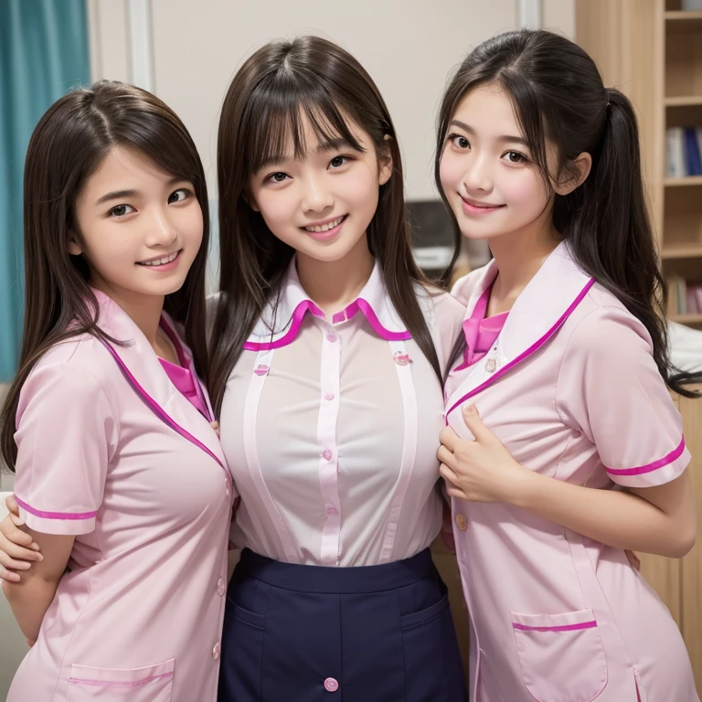 (high quality)、(high resolution)、Two junior high school students、Looking at me with a smile、whole body、Big Breasts、A tight, see-through pink nurse uniform with buttons and a collar、Erect nipples、(Lift your chest with both hands:1.1)、Lie on your back on the bed