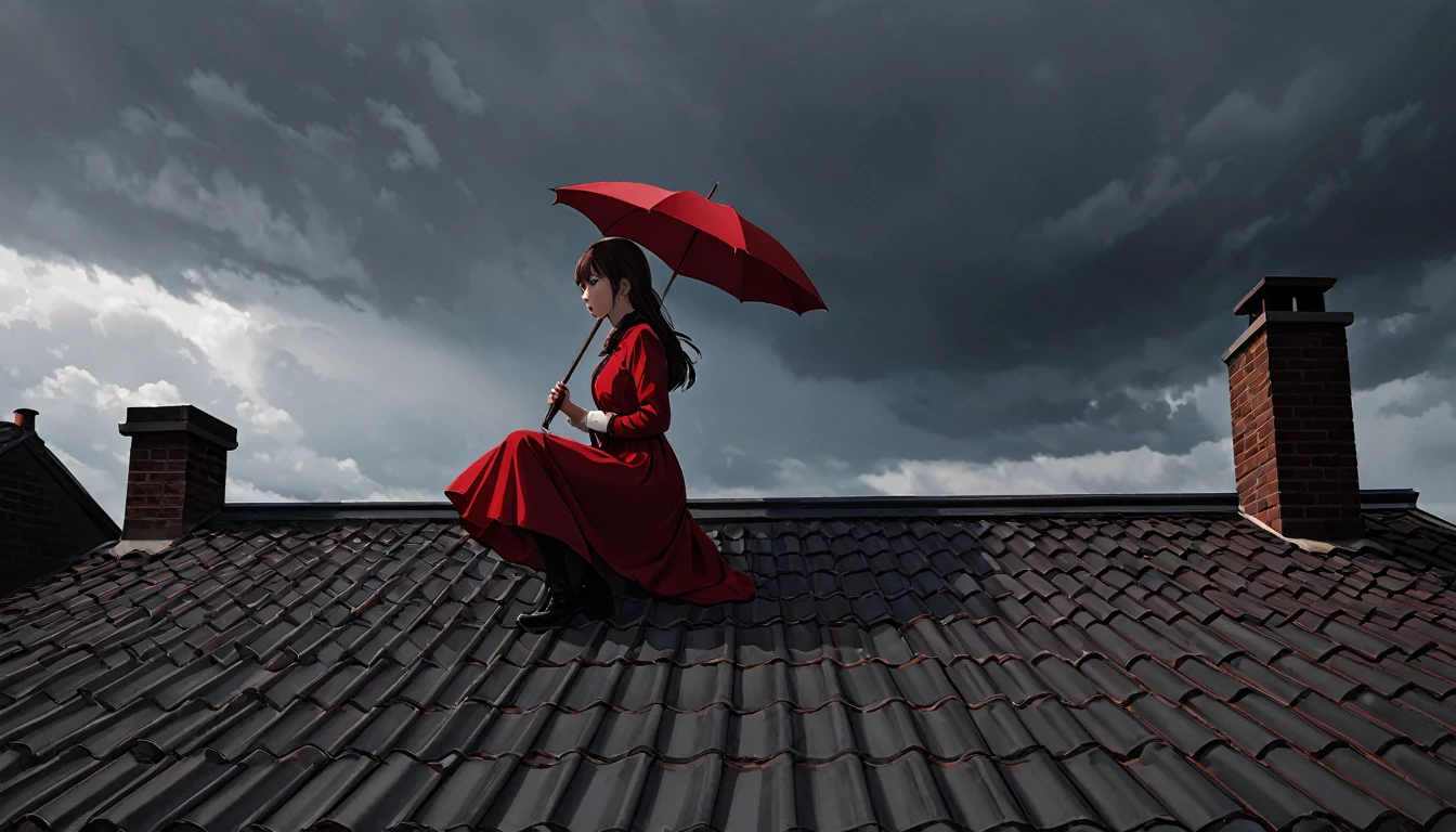 Ultra high definition animation. On a tiled roof with a chimney, a girl is crouching with a red umbrella. Out of focus behind the girl. The sky is full of dark clouds.