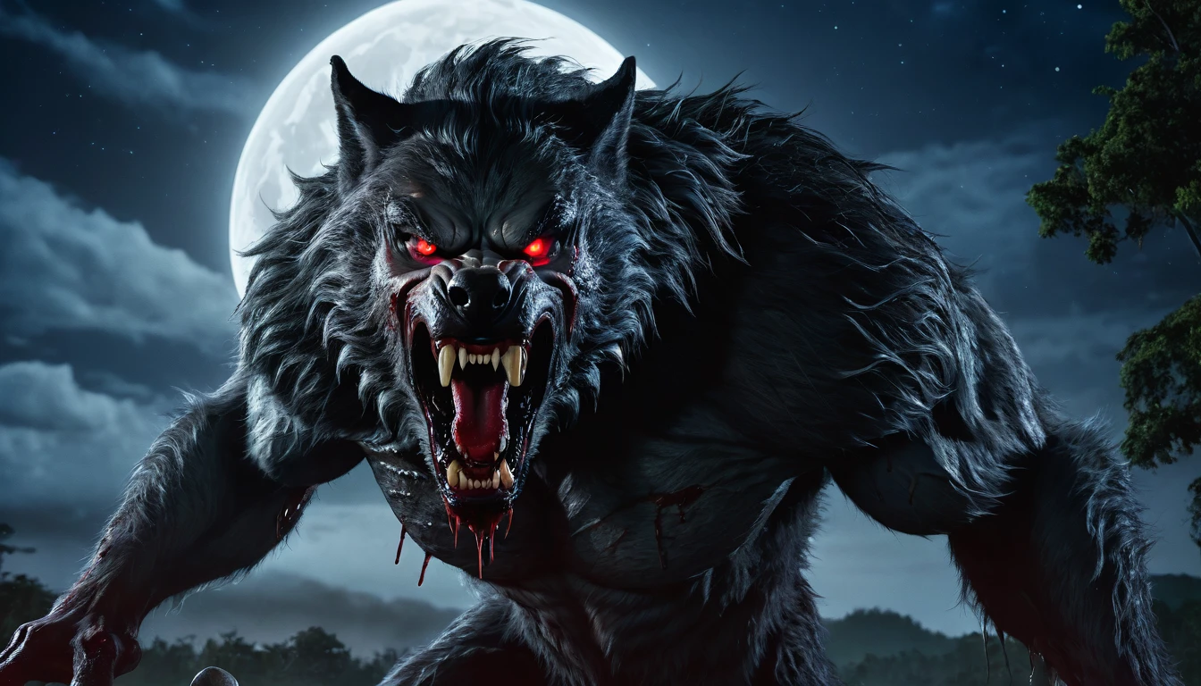 Brazil, night, starry sky, moon, A terrible beast approaches, a monstrous and ferocious werewolf, a mixture of a wolf monster and a man, werewolf, large canine teeth, mouth with dripping blood, large and sharp claws, with red eyes. Realistic photo, movie scene, cinema scene, high resolution, 8k.