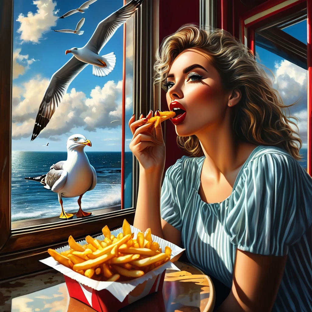 A woman is sitting by the window eating fries, she wants to eat those fries (seagulls are freaking out through the glass outside the window :1.5), seaside burger shop, detailed and realistic oil painting, beautifully detailed eyes, beautifully detailed lips, highly detailed eyes and face, long eyelashes, photorealistic, 8k, masterpiece, highly detailed, vibrant colors, warm lighting, cozy atmosphere, beautiful landscape, dramatic sky, realistic textures, intricate details, cinematic composition, Leonardo style