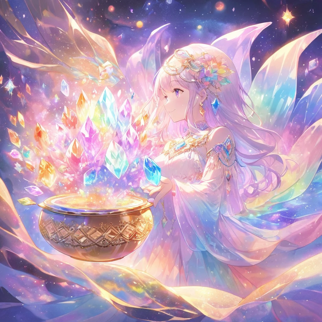 crystal colorful flower, magic, dream Catcher, universe , space, floating, moonlight, magic kanote gold crystal pot,