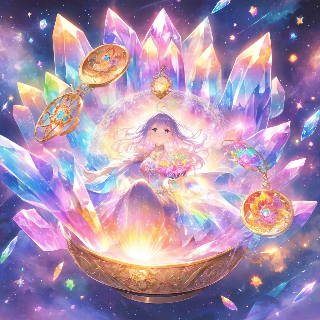 crystal colorful flower, magic, dream Catcher, universe , space, floating, moonlight, magic kanote gold crystal pot,