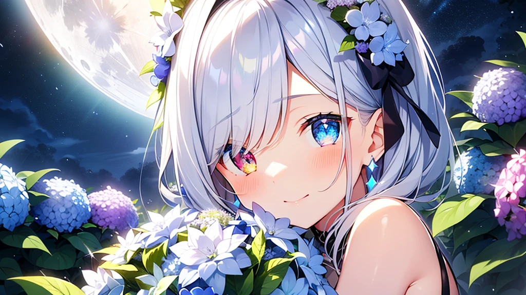 Best quality、Photorealistic、Ultra-detailed、delicate、Orderly、High Detail、Bluish Silver Short Bob、(Drooping heterochromia iris,glowing eyes、Sparkling Eyes:1.3)、slender、(One girl:1.2)、(moon、night、Night Sky、Dark Night、Glowing Hydrangea、Mysterious Light、Girl hugging herself:1.3)、Ambient Occlusion、Ambient Light、Ray-traced Reflections、Glow、Shiny Hair、
