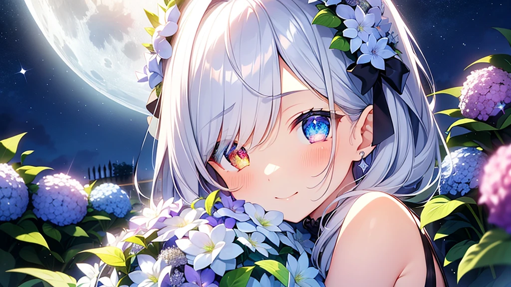 Best quality、Photorealistic、Ultra-detailed、delicate、Orderly、High Detail、Bluish Silver Short Bob、(Drooping heterochromia iris,glowing eyes、Sparkling Eyes:1.3)、slender、(One girl:1.2)、(moon、night、Night Sky、Dark Night、Glowing Hydrangea、Mysterious Light、Girl hugging herself:1.3)、Ambient Occlusion、Ambient Light、Ray-traced Reflections、Glow、Shiny Hair、
