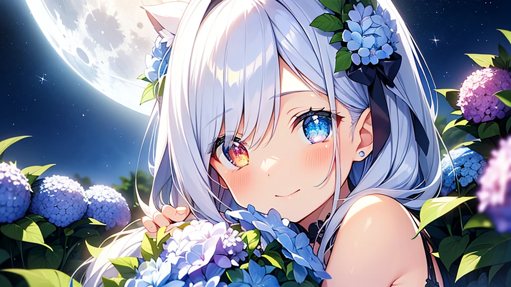 Best quality、Photorealistic、Ultra-detailed、delicate、Orderly、High Detail、Bluish Silver Short Bob、(Drooping heterochromia iris,glowing eyes、Sparkling Eyes:1.3)、slender、(One girl:1.2)、(moon、night、Night Sky、Dark Night、Glowing Hydrangea、Mysterious Light、Girl hugging herself:1.3)、Ambient Occlusion、Ambient Light、Ray-traced Reflections、Glow、Shiny Hair、