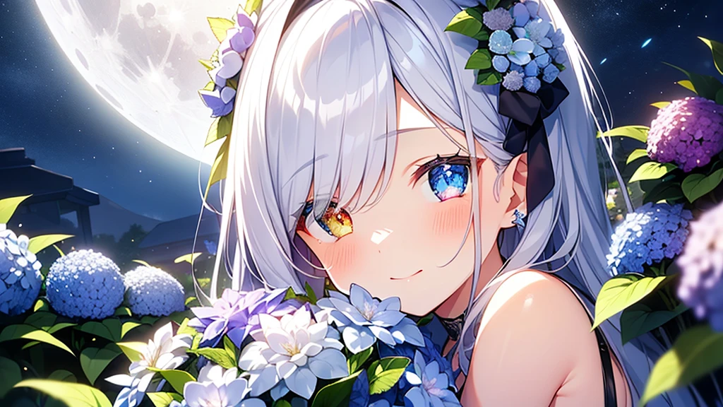 Best quality、Photorealistic、Ultra-detailed、delicate、Orderly、High Detail、Bluish Silver Short Bob、(Drooping heterochromia iris,glowing eyes、Sparkling Eyes:1.3)、slender、(One girl:1.2)、(moon、night、Night Sky、Dark Night、Glowing Hydrangea、Mysterious Light、Girl hugging herself:1.3)、Ambient Occlusion、Ambient Light、Ray-traced Reflections、Glow、Shiny Hair、