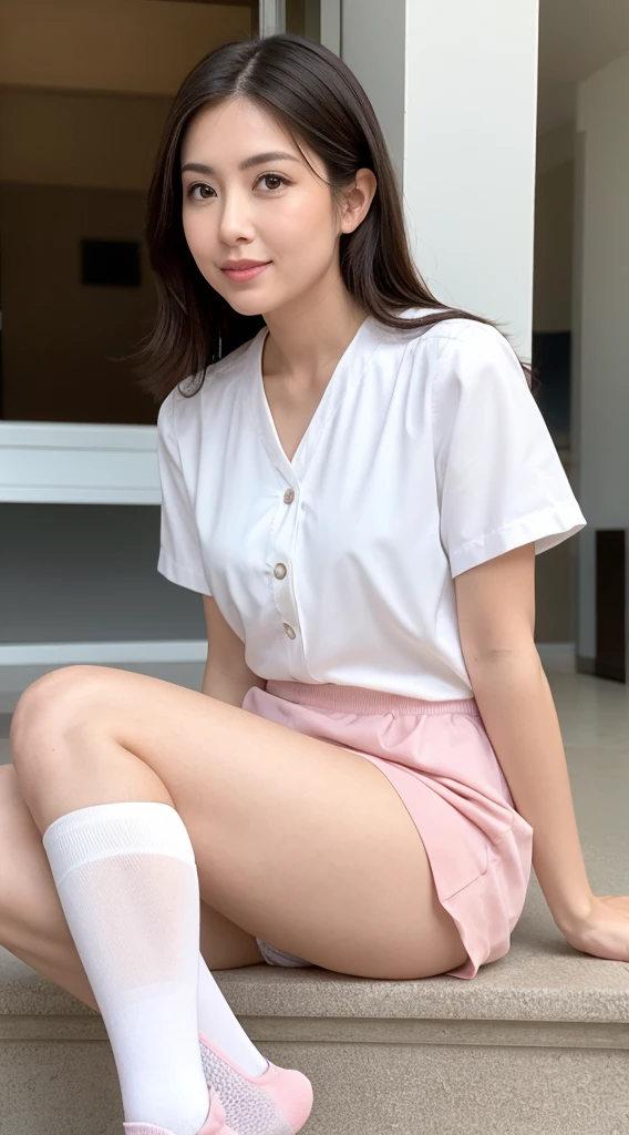 A 30year-old woman in a white nurse uniform sits with her legs open, exposing her panties. Nurse ÉO H15, Wearing short white socks, Wearing a
nurse uniform, Nurse, Nurse girl、Wearing
short white socks, Sitting wearing short white socks, Wearing a pink blouse,
White thigh-high socks with the Nike logo