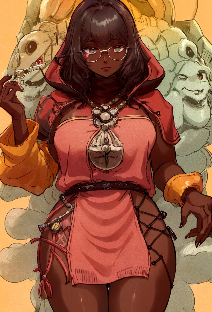 Solo, female, turtleneck tunic, cloak, fantasy outfit, fantasy village, short hair, wavy hair, messy hair, ((dark tan skin)), glasses, cleric, cropped jacket, athletic, slightmuscle