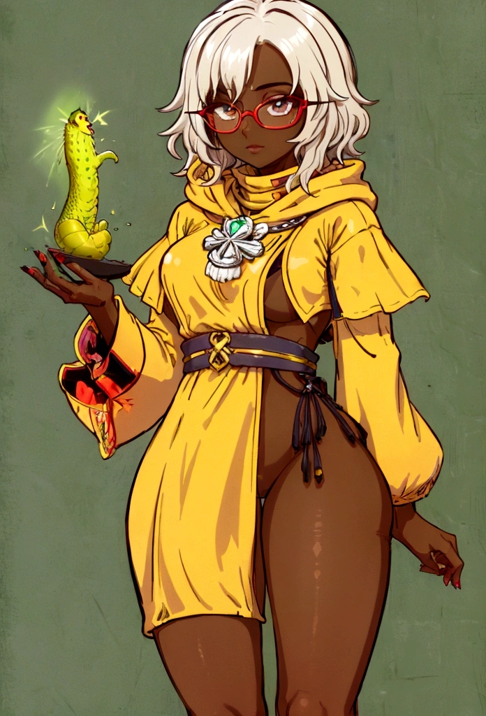 Solo, female, turtleneck tunic, cloak, fantasy outfit, fantasy village, short hair, wavy hair, messy hair, ((dark tan skin)), glasses, cleric, cropped jacket, athletic, slightmuscle