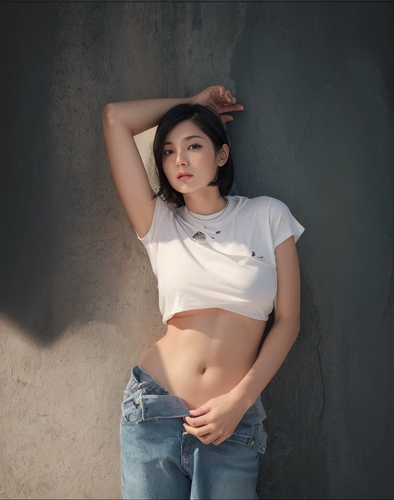 (very realistic photo, concentrated、High resolution, detailed face, fine eyes), a young woman standing against a white background, wearing a black T-shirt. The woman has her left arm resting on her head and her right hand lightly pulling the waistband of her jeans. Her expression is confident, with short black hair and eyes looking directly at the camera. She is posing in a way that clearly shows the contours of her body, and the background is kept simple with no additional elements.