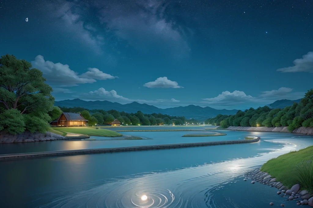 background：Peaceful night sky。
River：The river is sparkling，extending into the distance，There seems to be no end。
Scenery：The ripples in the water and the moonlight shine together，Occasionally a small boat gently passed by。
tone：The silvery white waves and the deep blue river water complement each other。