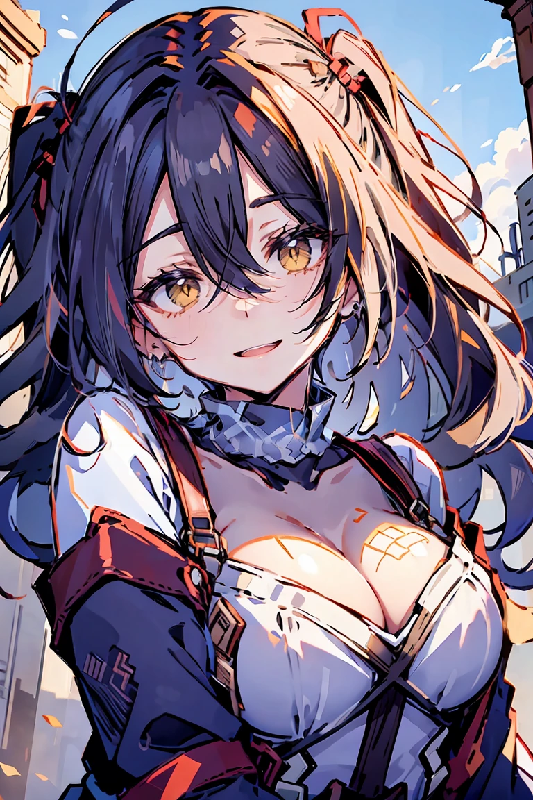 (masterpiece:1.2), (high quality:1.2), (hui xiyi:0.7), rekkyo sensen, rekkyou sensen, girls with((black hair, (tits cleavage:1.1), (waving is hands:1.2), (breasts close up:1.2), (suspenders:1.2), (dress:0.65), (blue clothes:1.2), (belts:0.7), (frills shirt:1.1), (white knit sweater:1.2), camisole, exposed breasts, straps, (turtleneck clothes:1.1), (cross:1.2), upper body, (long wavy hair:1.2), (one side up:1.2), nun, long sleeves, (perfect hands, perfect fingers:1))), background with((fantasy world, ruin, castle, beautiful sky, shining sky, sunshine))