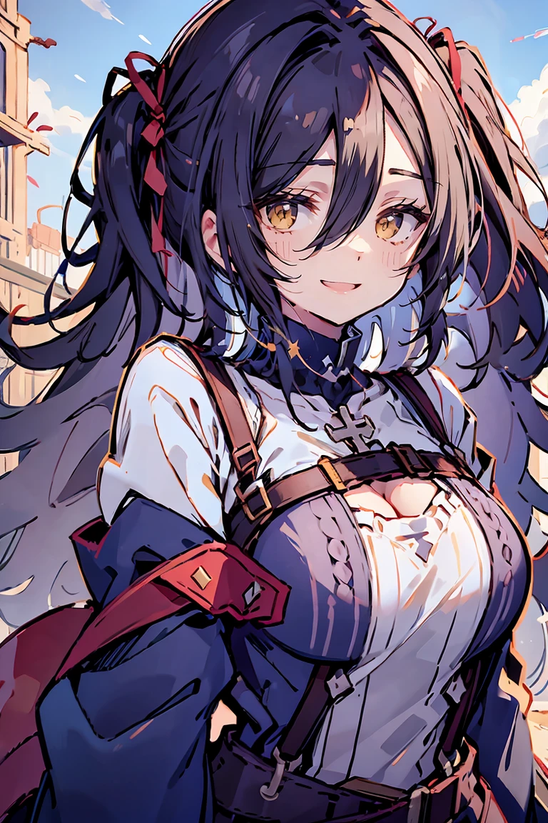 (masterpiece:1.2), (high quality:1.2), (hui xiyi:0.7), rekkyo sensen, rekkyou sensen, girls with((black hair, (tits cleavage:1.1), (waving is hands:1.2), (breasts close up:1.2), (suspenders:1.2), (dress:0.65), (blue clothes:1.2), (belts:0.7), (frills shirt:1.1), (white knit sweater:1.2), camisole, exposed breasts, straps, (turtleneck clothes:1.1), (cross:1.2), upper body, (long wavy hair:1.2), (one side up:1.2), nun, long sleeves, (perfect hands, perfect fingers:1))), background with((fantasy world, ruin, castle, beautiful sky, shining sky, sunshine))