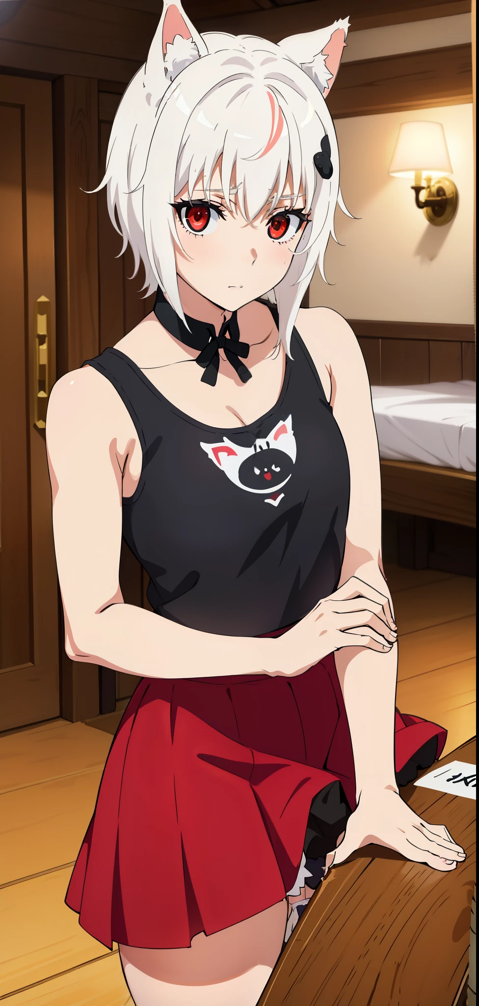 Best Quality, (Masterpiece:1.2), High Detailed, Cat Ears, 1girl, solo, tojo koneko, red eyes, white hair, short hair, hair decoration, black neckband, erotica, sleeveless, healthy skin, (indoors),(( cum, cum on face, after sex)) , cropped tank top, short skirt