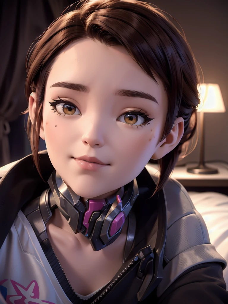 (DVA from Overwatch) without her mech, a woman with short brown hair in a (ponytail),she sits on her bed with her legs spread, high quality refelctions, volumetric lighting, she is wearing a loose short ( ice white cropped t-shirt), very short sleeves, in her bedroom on her bed, 1 girl solo, cinematic lighting, high resolution, physically-based rendering, 8k, volumetric lighting, hyperrealistic, detailed facial features, masterpiece, full upper body, gaming setup in background, cinematic, you can see the fabric of the shirt and the knits very detailed,(she has very small  breasts), (nsfw), the focus is on her whole body and the environment, cinematic screenshot, you can see the (whole room) and her sitting on the bed, she wears an underwear panty as she is going to sleep soon