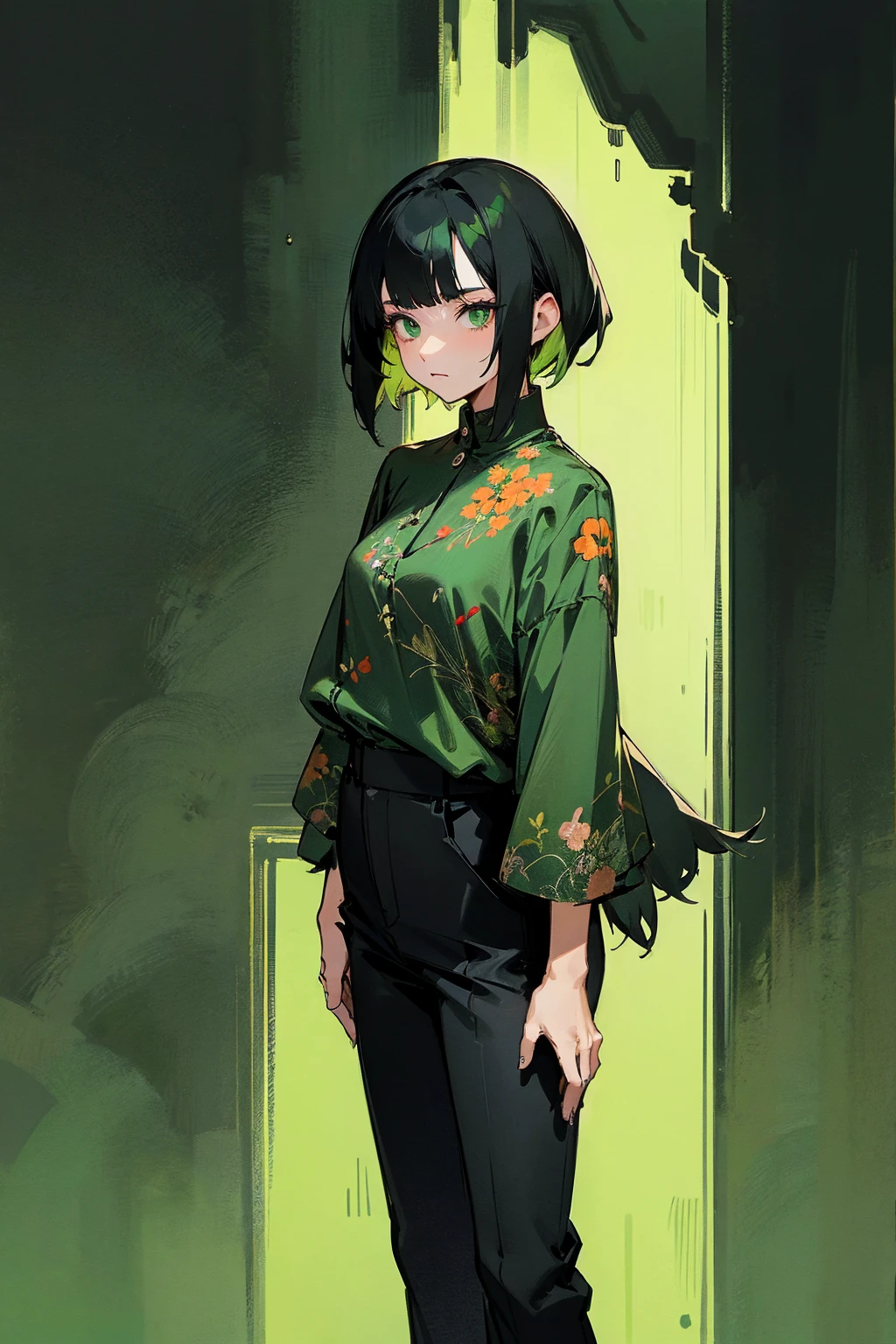 1female, black hair, two tone hair, oumbre hair, green hair, green eyes, expressionless, black and green floral shirt design, black pants, city background, detailed background, hands to side, standing on path