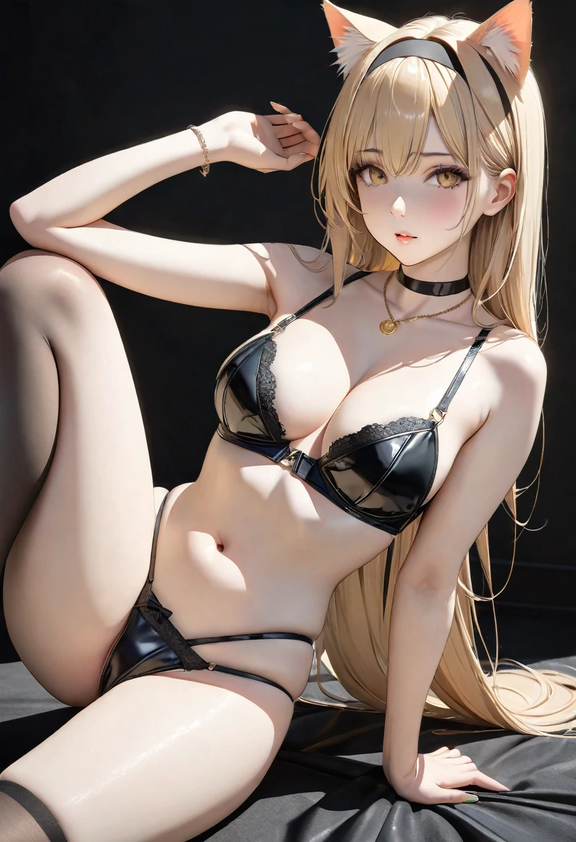 ((masterpiece, 8K, photorealistic, Raw photo, best quality, ultra high resolution)), (1 girl), (solo), Highest quality, masterpiece, Incredibly absurd resolution, High resolution, Super detailed, (Simple dark background:1.4), (Beautiful blonde hair, Black headband, Cat ear, Golden Necklace, Medium natural breasts, Beautiful cleavage is visible, Black leather bra, black leather panties, High leg panties, 綺麗なshapeの臍, Black Stockings, High heels:1.2), One girl, Medium natural breasts, Black leather bra, black leather panties, shape, 