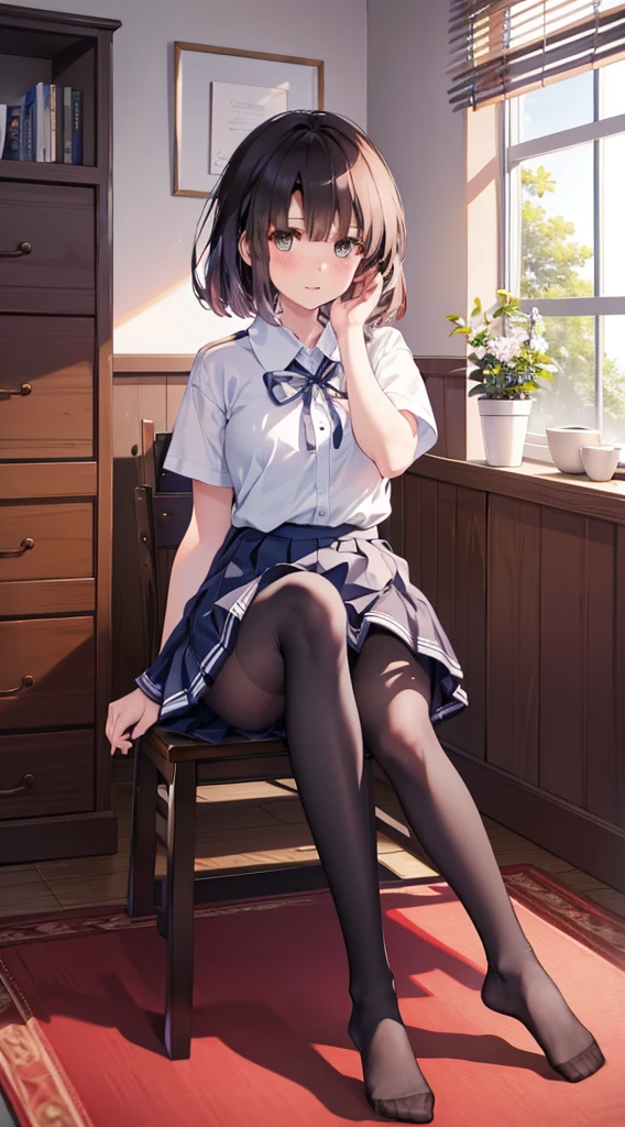 (8k、Best image quality、Highest quality、masterpiece)、One Girl、((Full body))、Sitting on the floor、short hair、Wavy Hair、blush、Moderate bust、White collared shirt、Short sleeve、((Plaid pleated mini skirt))、Cowboy Shot、Classroom Background、((black tights))、Black Pantyhose、((No shoes))