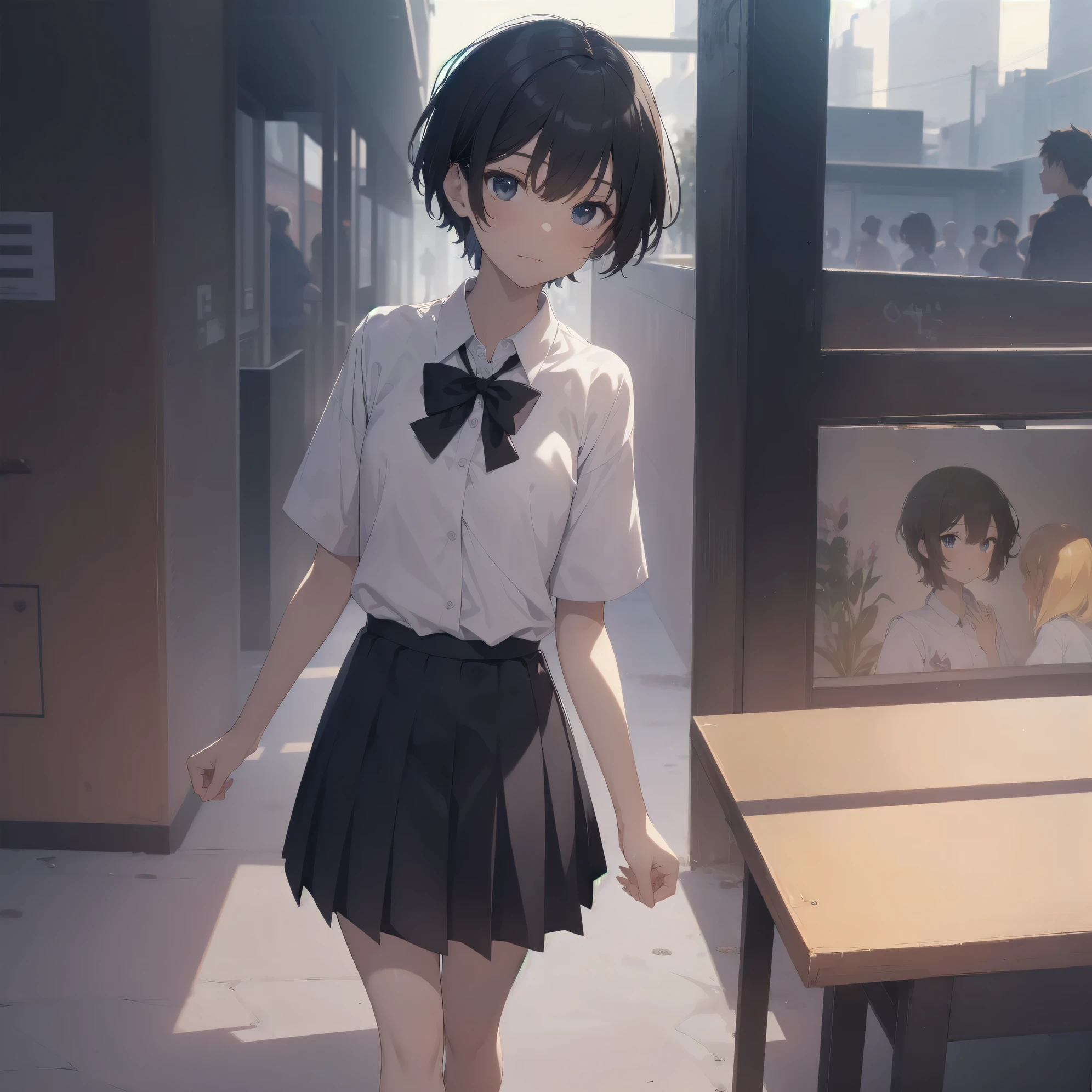 ultra-absurdres-Top quality by artist God, ultra-detailed, high resolution, anime moe artstyle, best anime 8k konachan wallpaper, pixiv contest winner, pool:2810, perfect anatomy,break, 1girl, (Please draw a girl walking sleepily to school alone. )break,(Solo,little female, 13-year-old:1.3),Full limbs, complete fingers,a junior high school student, (very short hair), short cut, flat chest, , small butt, small black eyes, beautiful detailed eyes, well-proportioned iris and pupils, expressive eyes, highres detailed hair, soft expression, salor school_uniform, sailor collar, serahuku, bow, pleated skirt,(Detailed Lighting), (Detailed background), in the School commute route. break,super detailed skin, Best cinematic lighting powered by famous artist, 8k,beauty illustration,photoshop_(medium),very aesthetic,break,((artist:neocoill )), artist:clamp ,artist:carnelian ,artist:kantoku ,