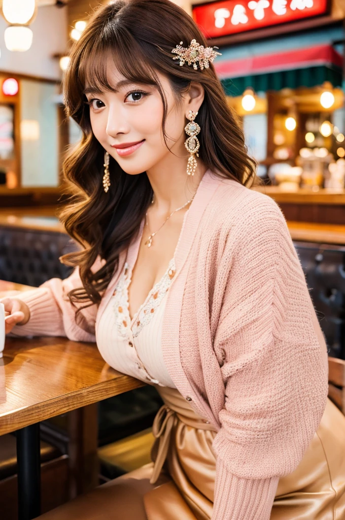 Family restaurant parking lot, full-time housewife, ((full body)), ((photo)), ((best qualtiy, 8K, tmasterpiece:1.3)), Focus:1.2, perfect figure beautiful girl:1.4, 1girl, cowboy shot, look at viewer, incredibly absurd, beautiful and cute girl with a photorealistic face, showcasing top-quality craftsmanship, Japanese woman eating at a family restaurant, 21 years old, medium-long brown hair, parted in the middle with curls at the ends, bangs cut above the eyes, naturally rounded hairline, large chocolate brown eyes, long eyelashes, pinky lips, slightly high nose, oval face, fine skin, plump cheeks, soft chin, gentle smile, glamorous, fair skin, large buttocks, beautiful D-cup breasts, beige dress, pink cardigan, floral scarf, earrings, hair accessory, pretty older woman, beautiful, glamorous, gentle, attentive, passionate, curious, loves to talk, September