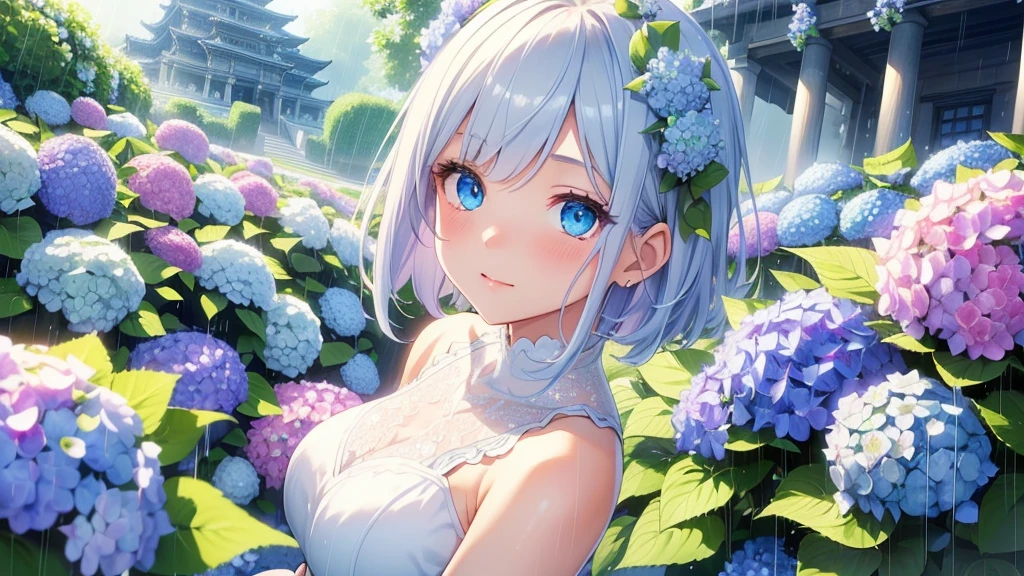 Best quality、Photorealistic、Ultra-detailed、delicate、Orderly、High Detail、Bluish Silver Short Bob、(Drooping heterochromia iris,glowing eyes、Sparkling Eyes:1.3)、slender、(One girl:1.2)、(A girl standing in a temple surrounded by hydrangeas、Girl with a bouquet of hydrangeas、Girl kissing a hydrangea、rain、Dutch Angle:1.3)、wet、Ambient Occlusion、Ambient Light、Ray-traced Reflections、Glow、Shiny Hair、

