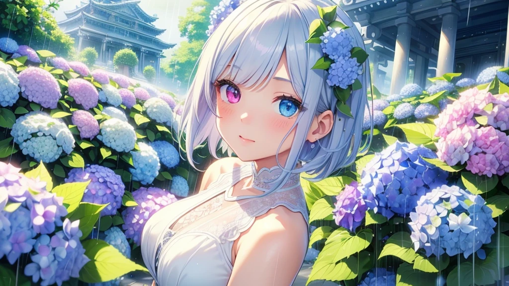 Best quality、Photorealistic、Ultra-detailed、delicate、Orderly、High Detail、Bluish Silver Short Bob、(Drooping heterochromia iris,glowing eyes、Sparkling Eyes:1.3)、slender、(One girl:1.2)、(A girl standing in a temple surrounded by hydrangeas、Girl with a bouquet of hydrangeas、Girl kissing a hydrangea、rain、Dutch Angle:1.3)、wet、Ambient Occlusion、Ambient Light、Ray-traced Reflections、Glow、Shiny Hair、