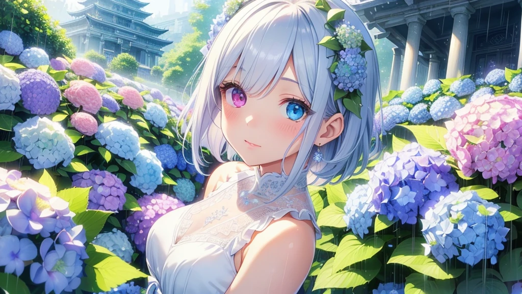 Best quality、Photorealistic、Ultra-detailed、delicate、Orderly、High Detail、Bluish Silver Short Bob、(Drooping heterochromia iris,glowing eyes、Sparkling Eyes:1.3)、slender、(One girl:1.2)、(A girl standing in a temple surrounded by hydrangeas、Girl with a bouquet of hydrangeas、Girl kissing a hydrangea、rain、Dutch Angle:1.3)、wet、Ambient Occlusion、Ambient Light、Ray-traced Reflections、Glow、Shiny Hair、
