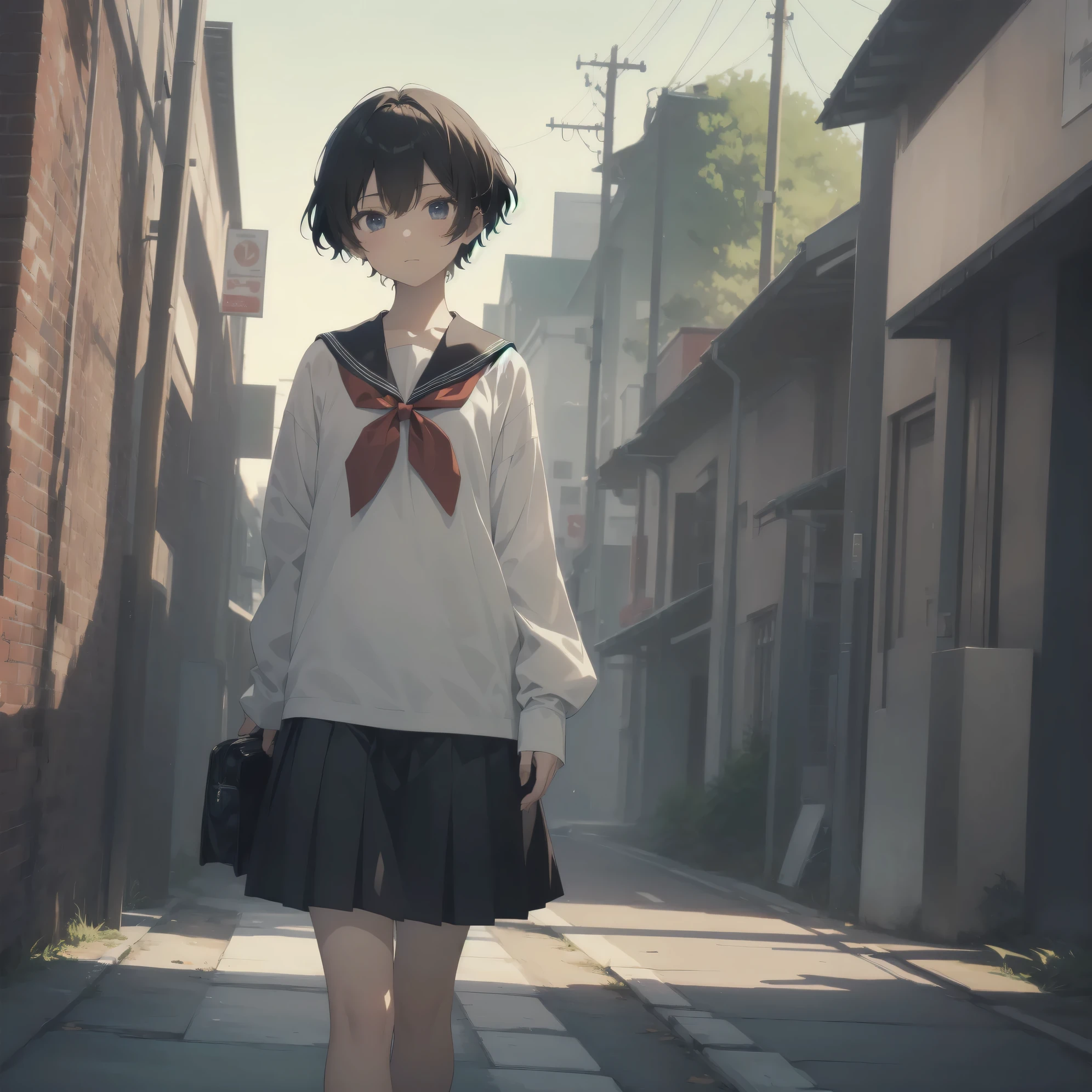ultra-absurdres-Top quality by artist God, ultra-detailed, high resolution, anime moe artstyle, best anime 8k konachan wallpaper, pixiv contest winner, pool:2810, perfect anatomy,break, 1girl, (Please draw a girl walking sleepily to school alone. )break,(Solo,little female, 13-year-old:1.3),Full limbs, complete fingers,a junior high school student, (very short hair), short cut, flat chest, , small butt, small black eyes, beautiful detailed eyes, well-proportioned iris and pupils, expressive eyes, highres detailed hair, soft expression, salor school_uniform, sailor collar, serahuku, bow, pleated skirt,(Detailed Lighting), (Detailed background), in the School commute route. break,super detailed skin, Best cinematic lighting powered by famous artist, 8k,beauty illustration,photoshop_(medium),very aesthetic,break,((artist:neocoill )), artist:clamp ,artist:carnelian ,artist:kantoku ,