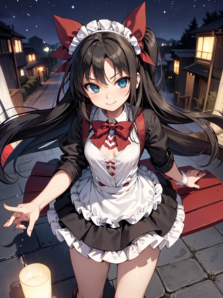 masterpiece, best quality, rin tohsaka, solo, long hair, black hair, two side up, aqua eyes, bow, hair bow, 10yo, (petite),
 smile, standing, small breasts, maid, night, park,