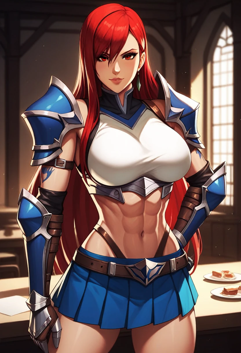 Erza, brown eyes, pauldrons,blue skirt, tattoo, gloves, breastplate, 1girl, gauntlets, belt,pleated skirt, , red hair, shoulder armor, looking at viewer,  ,masterpiece, best quality,animerza, upper body, highres, room, big breasts, navel, indoors,