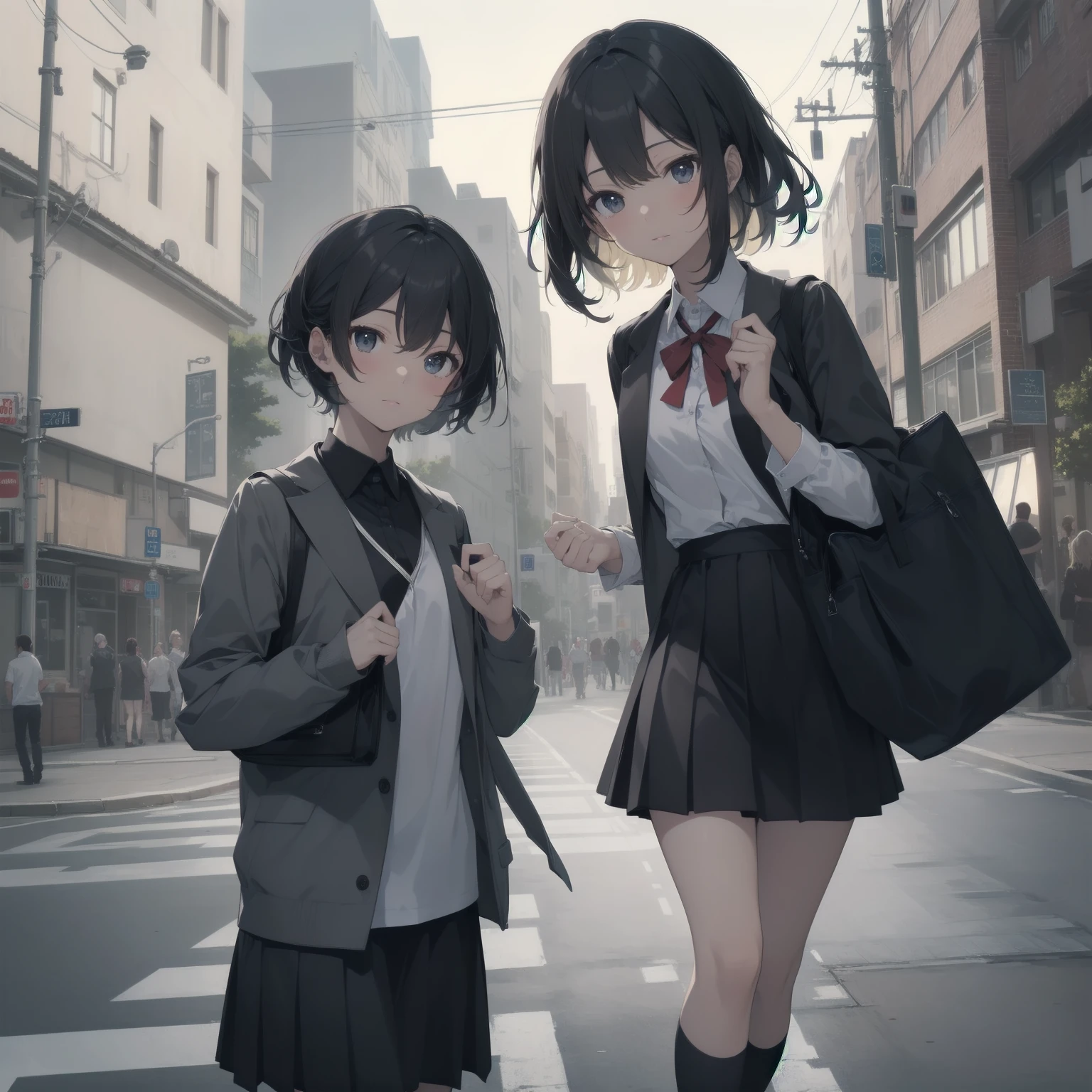 ultra-absurdres-Top quality by artist God, ultra-detailed, high resolution, anime moe artstyle, best anime 8k konachan wallpaper, pixiv contest winner, pool:2810, perfect anatomy,break, 1girl, (Please draw a girl walking sleepily to school alone. )break,(Solo,little female, 13-year-old:1.3),Full limbs, complete fingers,a junior high school student, (very short hair), short cut, flat chest, , small butt, small black eyes, beautiful detailed eyes, well-proportioned iris and pupils, expressive eyes, highres detailed hair, soft expression, salor school_uniform, sailor collar, serahuku, bow, pleated skirt,(Detailed Lighting), (Detailed background), in the School commute route. break,super detailed skin, Best cinematic lighting powered by famous artist, 8k,beauty illustration,photoshop_(medium),very aesthetic,break,((artist:neocoill )), artist:clamp ,artist:carnelian ,artist:kantoku ,
