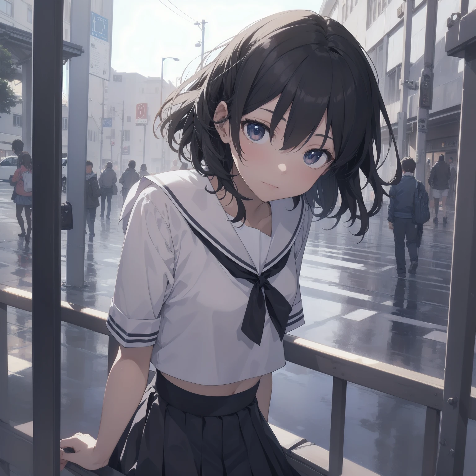 ultra-absurdres-Top quality by artist God, ultra-detailed, high resolution, anime moe artstyle, best anime 8k konachan wallpaper, pixiv contest winner, pool:2810, perfect anatomy,break, 1girl, (Please draw a girl walking sleepily to school alone. )break,(Solo,little female, 13-year-old:1.3),Full limbs, complete fingers,a junior high school student, (very short hair), short cut, flat chest, , small butt, small black eyes, beautiful detailed eyes, well-proportioned iris and pupils, expressive eyes, highres detailed hair, soft expression, salor school_uniform, sailor collar, serahuku, bow, pleated skirt,(Detailed Lighting), (Detailed background), in the School commute route. break,super detailed skin, Best cinematic lighting powered by famous artist, 8k,beauty illustration,photoshop_(medium),very aesthetic,break,((artist:neocoill )), artist:clamp ,artist:carnelian ,artist:kantoku ,