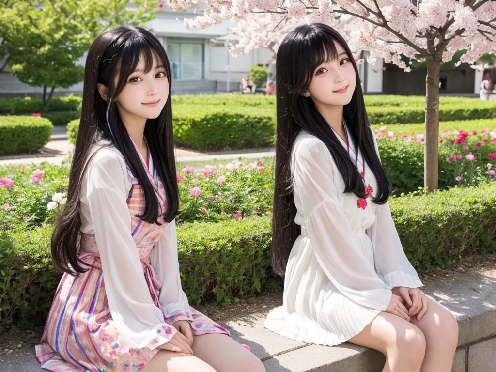 cute girl 

long hair 

(black hair) 

gentle smile 

colorful flower garden 

girl sitting 

clear scenery 

Big cherry trees on the left and right 

japanese girl 

photographed alone 

