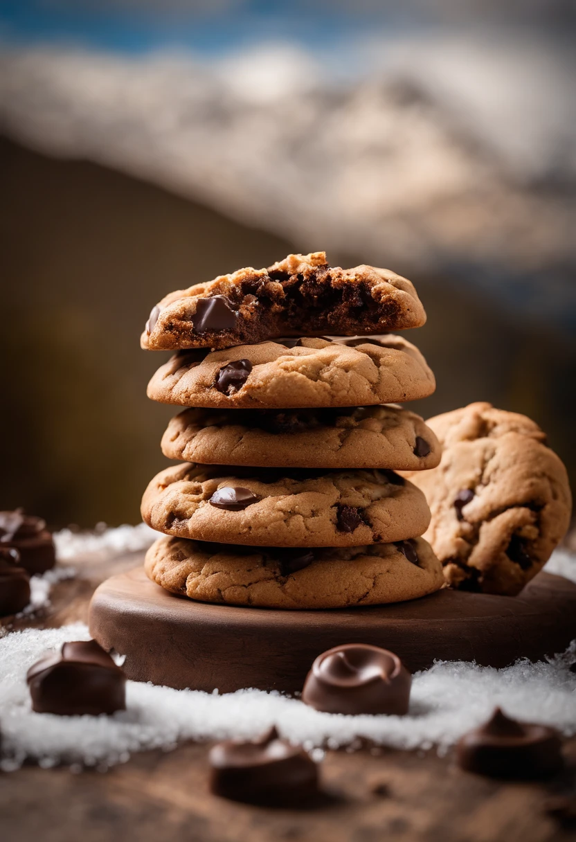 No Alto de uma montanha (vale nevado), Cookies,(biscoito cookie)(chocolate, cookie(gordo), cookie arredondado), cenario(on rustic wood, no alto de uma montanha (ao fundo um vale e montanhas), realista, 4k, Photo by the best photographer in the world, melhor qualidade, grade, realismo absoluto, cookies, biscoito cookie, gotas de chocolate, alto da montanha, neve. Cookies no alto da montanha, natureza, foto na natureza , foto cookies natureza montanha, montanhas, neve, vale, cookies