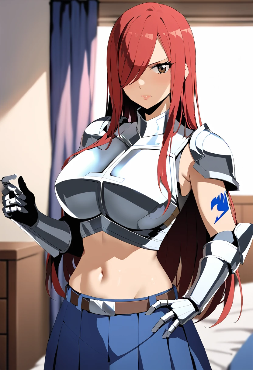 Erza, brown eyes, pauldrons,blue skirt, tattoo, gloves, breastplate, 1girl, gauntlets, belt,pleated skirt, , red hair, shoulder armor, looking at viewer, ,masterpiece, best quality,animerza, upper body, highres, room, big breasts, navel, indoors, hair over one eye,
