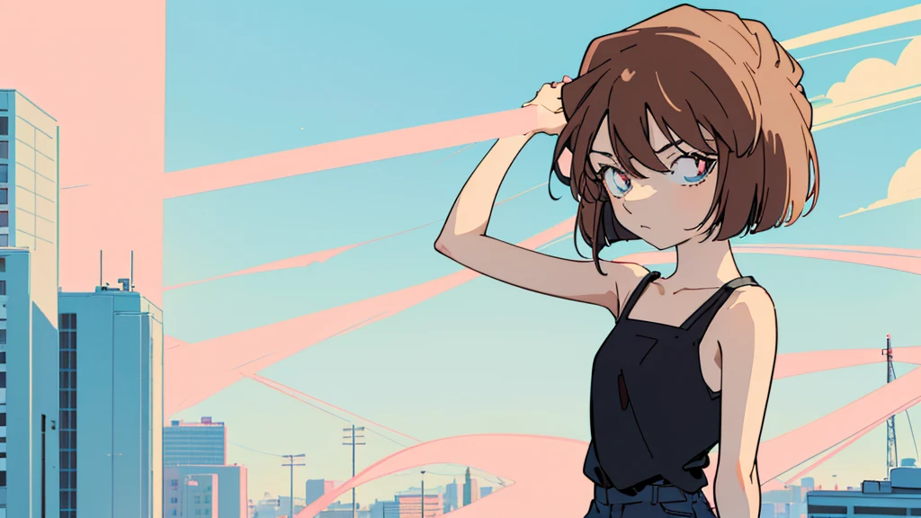 anime style, (1girl in, Solo:1.0), (Haibara Ai), ((Short pants)), (((Big eyes))), (Cute anime girl head), (flat chest),looking at viewer,With a height of 100cm, shoot from front, (head shot), Simple line minimalism, Abstract Art, City background