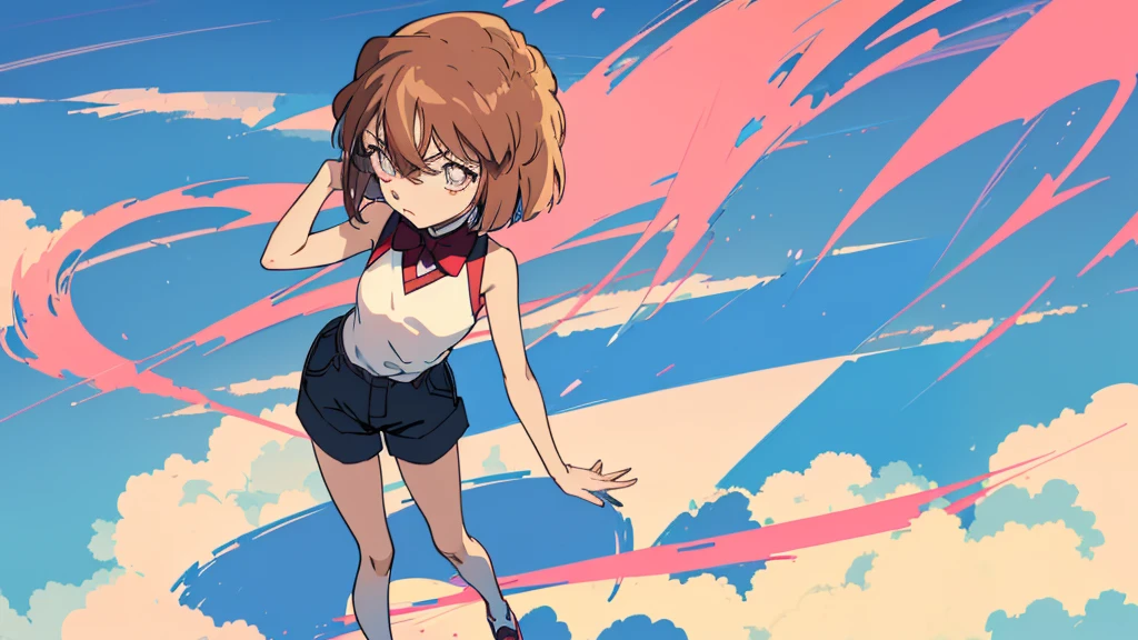 anime style, (1girl in, Solo:1.0), (Haibara Ai), ((Short pants)), (((Big eyes))), (Cute anime girl head), (flat chest),looking at viewer,With a height of 100cm, shoot from front, (head shot), Simple line minimalism, Abstract Art, City background