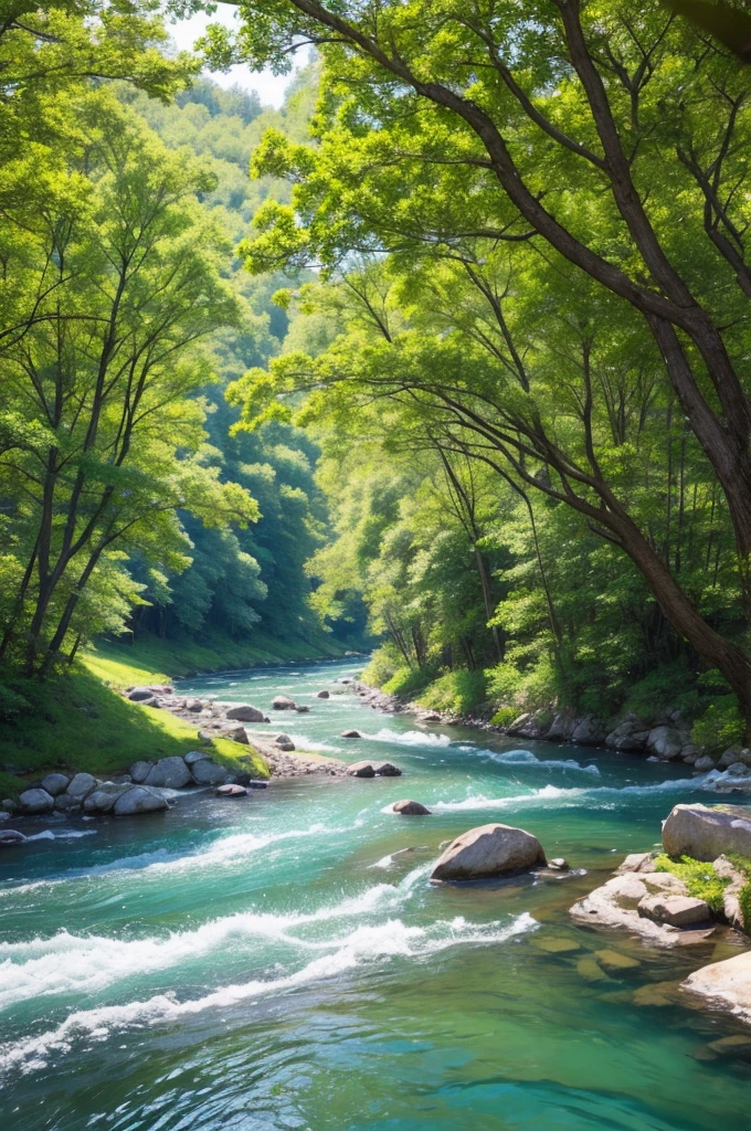 Create a landscape with lots of trees and a beautiful crystal-clear river