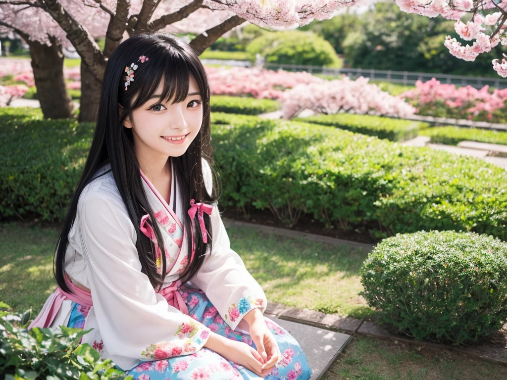 cute girl 

long hair 

(black hair) 

gentle smile 

colorful flower garden 

girl sitting 

clear scenery 

Big cherry trees on the left and right 

japanese girl 

photographed alone 

