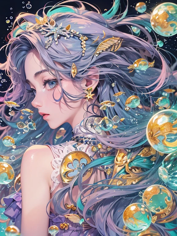 Official Art, unity 8k wallpaper, Super detailed, beautifully、Aesthetically beautiful, masterpiece, Highest quality, (Tangled, Datura stramonium, indices, mesh), (Fractal Art: 1.3), 人fish 1 匹, (Hairstyle: Long Hair) Ocean, Very detailed, Dynamic Angle, Cowboy Shot, The most beautiful form of chaos, elegant, Fauvist design, Bright colors, Romanticism, OceanのBubble, Bubble, shell, fish, pearl