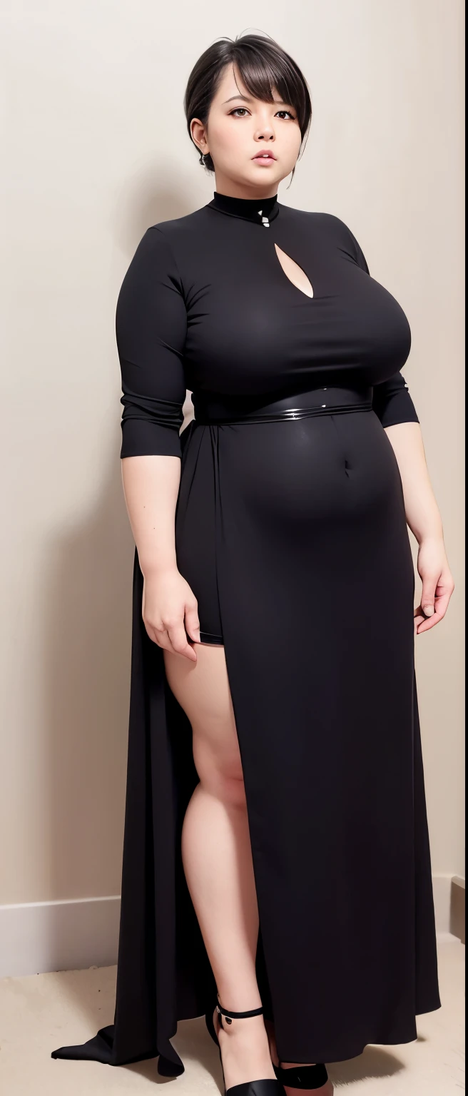 Chubby woman with chubby belly and tight thighs, full body, 50-year-old mature woman, thick hips, thick neck, thick chest, big eyes, wearing a longest dress, wavy short hair, Height 170 cm , full body
